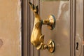 Brass door knocker shape of dolphin on old brown doors Royalty Free Stock Photo