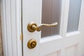 Brass doorknob with an ornament close up