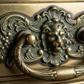 Brass drawer pull features an intricate design centering on a lion s Royalty Free Stock Photo