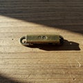 A brass fastener with rounded ends is placed on a wooden surface. The fastener Royalty Free Stock Photo