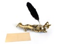 Brass inkwell with feather and postcard Royalty Free Stock Photo