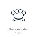 Brass knuckles icon. Thin linear brass knuckles outline icon isolated on white background from weapons collection. Line vector