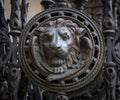 Brass lion head on the door, black and white