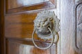 Brass lion head door knocker on wooden door Royalty Free Stock Photo