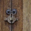 Brass lock hanging on door ring knobs Royalty Free Stock Photo