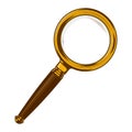 Brass magnifying glass with wooden handle isolated on a white background. Color line art. Retro design.