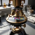 Brass microscope on a lab table, featuring intricate gears and adjustmen Royalty Free Stock Photo