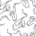 Brass Musical instruments seamless pattern. Line vector saxophones.