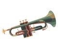 Brass musician blowing shiny trumpet in concert