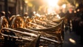 Brass musician playing shiny brass trumpet in foreground reflection generated by AI