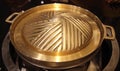 Brass pan use gas stove for BBQ,Grill. Royalty Free Stock Photo