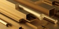 Brass profiles stack or heap frame filling background metal manufactoring or product concept