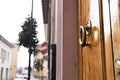 Brass ring knocker on old wooden door Royalty Free Stock Photo