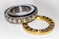 Brass roller cage of a thrust roller bearing and stainless roller cage of a tapered roller bearing Royalty Free Stock Photo