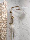 Brass shower on the wall with ceramic tiles, shower curtain - bathroom interior in minimalism style Royalty Free Stock Photo