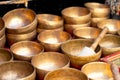 Brass singing musical bowls placed in a shop in mcleodganj himachal pradesh