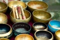 Brass singing musical bowls placed in a shop in mcleodganj himachal pradesh