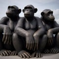 Brass statue of three chimpanzees in park environment