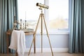 brass telescope tripod set by a window lit room Royalty Free Stock Photo