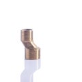 Brass threaded part adapter with pipe for mixer isolate on white background, plumbing detail