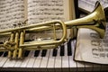 Brass trumpet and piano with sheet music Royalty Free Stock Photo