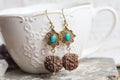 Turquoise stone Indian seed earrings on white cup background