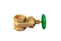 Brass valve with green knob stale in a factory plumber isolated on white background and clipping path Royalty Free Stock Photo