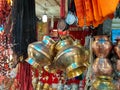 Brass vessel hanging in indian market for sell Royalty Free Stock Photo