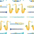 Brass and woodwind instruments flat vector seamless pattern