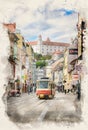 Bratislava castle in Slovakia in watercolor illustration style