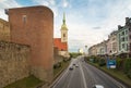 Bratislava city walls with st. Martin`s cathedral and road traffic, urban view of capital of Slovakia