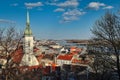 Bratislava cityscape view from the Bratislava Castle. St. Martin`s Cathedral and Apollo Bridge.