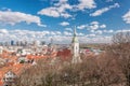 Bratislava cityscape view with old church against modern skyscrapers next to Danube river and old town in Slovakia Royalty Free Stock Photo