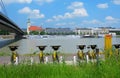 Bratislava, Danube embankment and bicycles Royalty Free Stock Photo