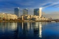 Bratislava modern skyscapers, near Danube river, winter morning, Slovakia