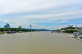 Bratislava - panorama with bridg, waterfront, cathedral and castle Royalty Free Stock Photo