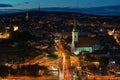 Bratislava skyline with st. Martin`s cathedral night scene, aerial view of the old town area and illuminated road, Slovakia