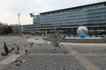 Bratislava, Slovakia - April, 2011: flying pigeons on Hodzovo square.