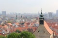 Bratislava, Slovakia - April, 2011: green trees, Temple of St. Nicholas and old city view from hill of Bratislava Castle in cloudy