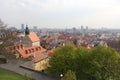 Bratislava, Slovakia - April, 2011: park with trees, Temple of St. Nicholas and old city view from hill of Bratislava Castle.