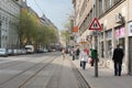 Bratislava, Slovakia - April, 2011: people waiting tram and railways on Jesenskeho street.
