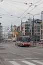 Bratislava, Slovakia - April, 2011: red trolleybus on Hodzovo square.