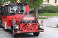 Bratislava, Slovakia - April, 2011: small small red steam train for children`s fun.