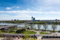 Bratislava, Slovakia - April 14, 2018: The SNP bridge through Danude river aerial view in Bratislava, Slovakia. Panoramic view of Royalty Free Stock Photo