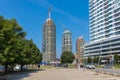 Building crane and buildings under construction, skyscrapers buildings in Bratislava over