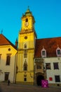 BRATISLAVA, SLOVAKIA: Mestske Muzeum. Bell tower of Old Town Hall. Bratislava City Museum on Main square in Bratislava Royalty Free Stock Photo