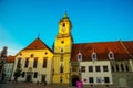 BRATISLAVA, SLOVAKIA: Mestske Muzeum. Bell tower of Old Town Hall. Bratislava City Museum on Main square in Bratislava Royalty Free Stock Photo