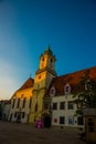 BRATISLAVA, SLOVAKIA: Mestske Muzeum. Bell tower of Old Town Hall. Bratislava City Museum on Main square in Bratislava Royalty Free Stock Photo