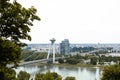 27.06.2023 Bratislava, Slovakia - Bridge SNP and UFO tower view point over Danube river in Bratislava city, Slovakia Royalty Free Stock Photo