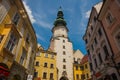 Bratislava, Slovakia: City street daily view of the historical buildings and the famous St. Michael`s Gate and Tower in the